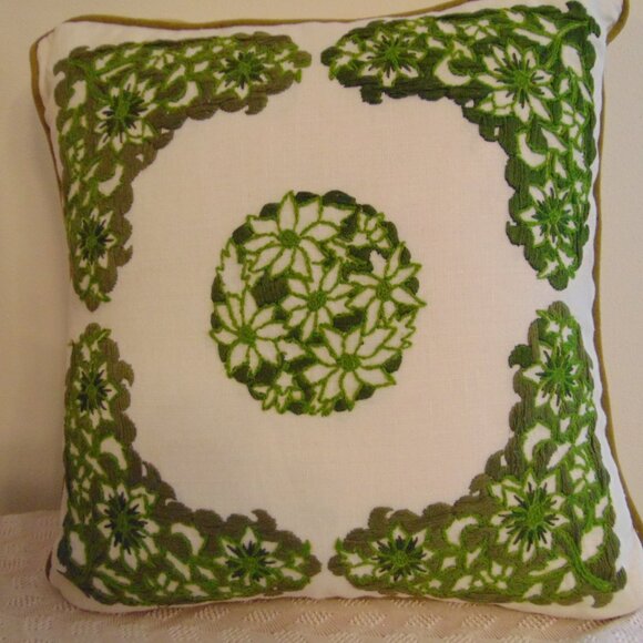 Vintage Ivory Pillow with Green Floral Embroidery, Handmade, 16 in x 14.5 in - Picture 2 of 8